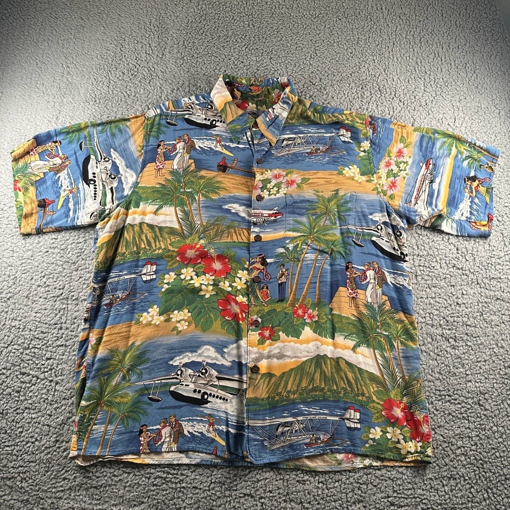 Vtg Reyn Spooner Hawaiian Shirt Mens L‎ Rayon Fantasy Island Luau Surf Plane